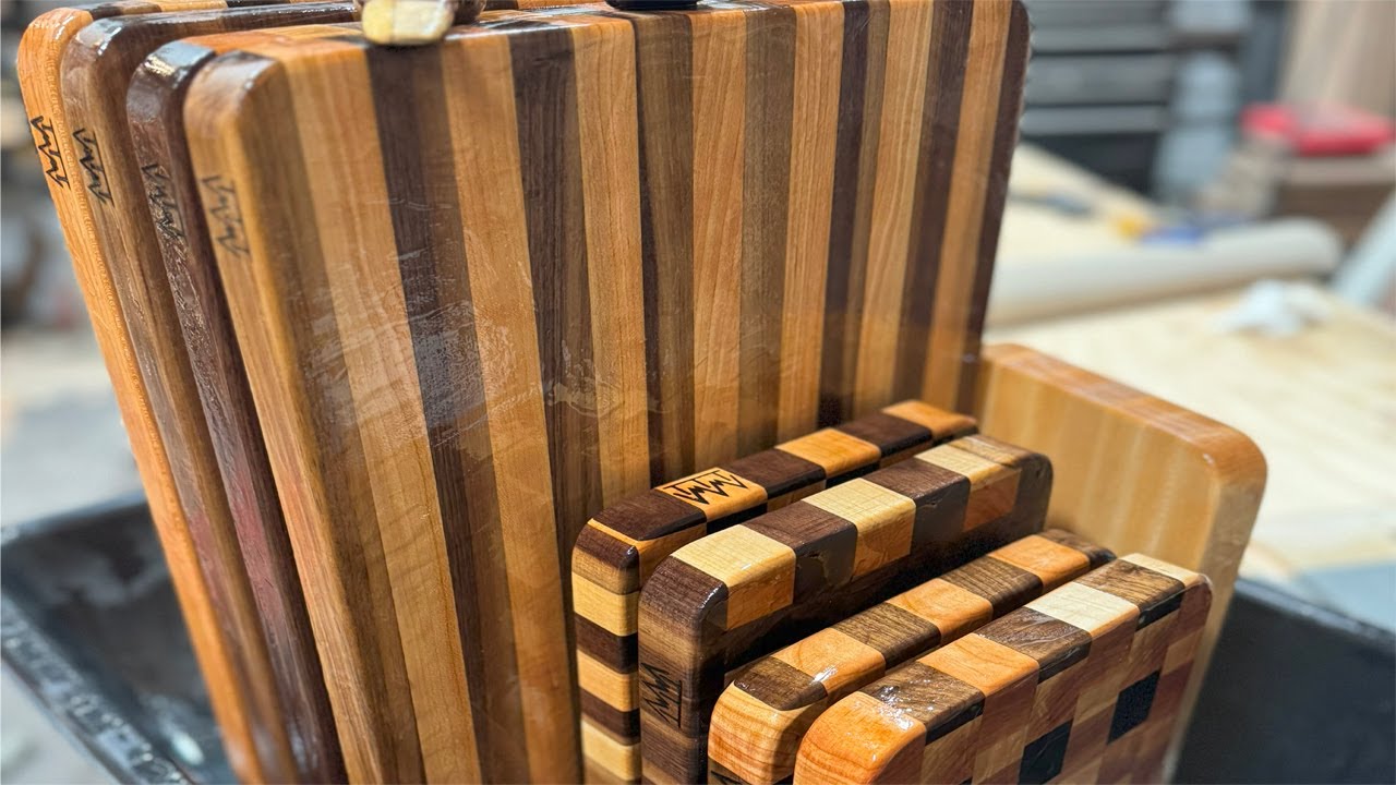 Black Walnut, Cherry, and Maple Edge Grain Cutting Boards and Bonus End Grain Cutting Boards.