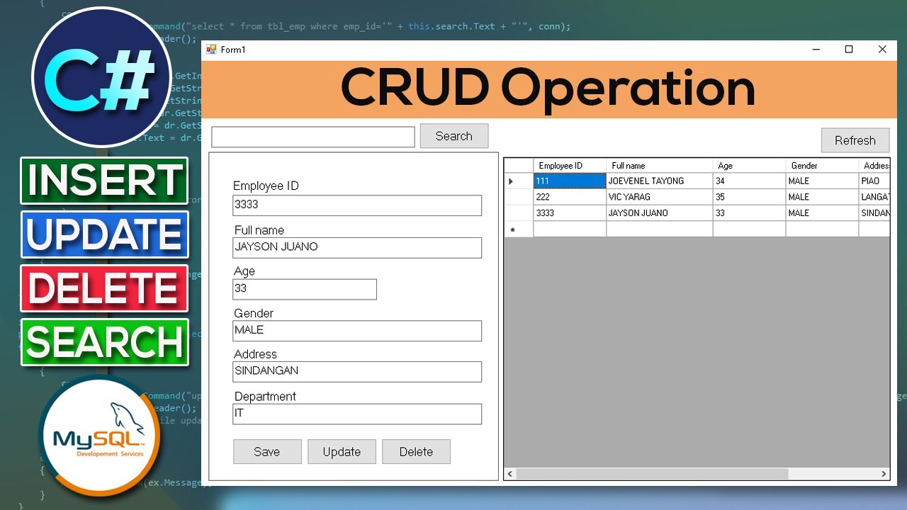 CRUD in c# with Sql Database (insert | update | delete | search) with Source Code