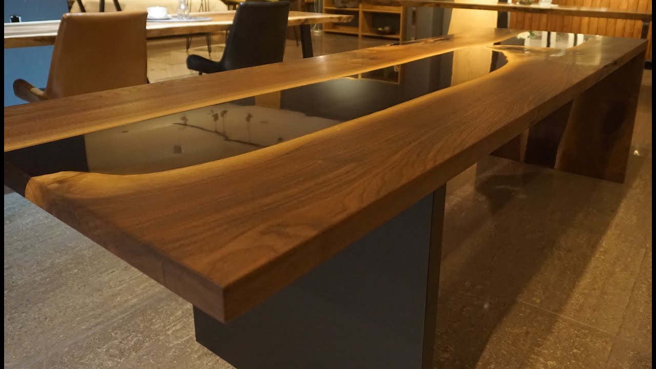 길이3300 폭800 북미산월넛 우드슬랩 레진 테이블 90도 꺽기(walnut epoxy table)
