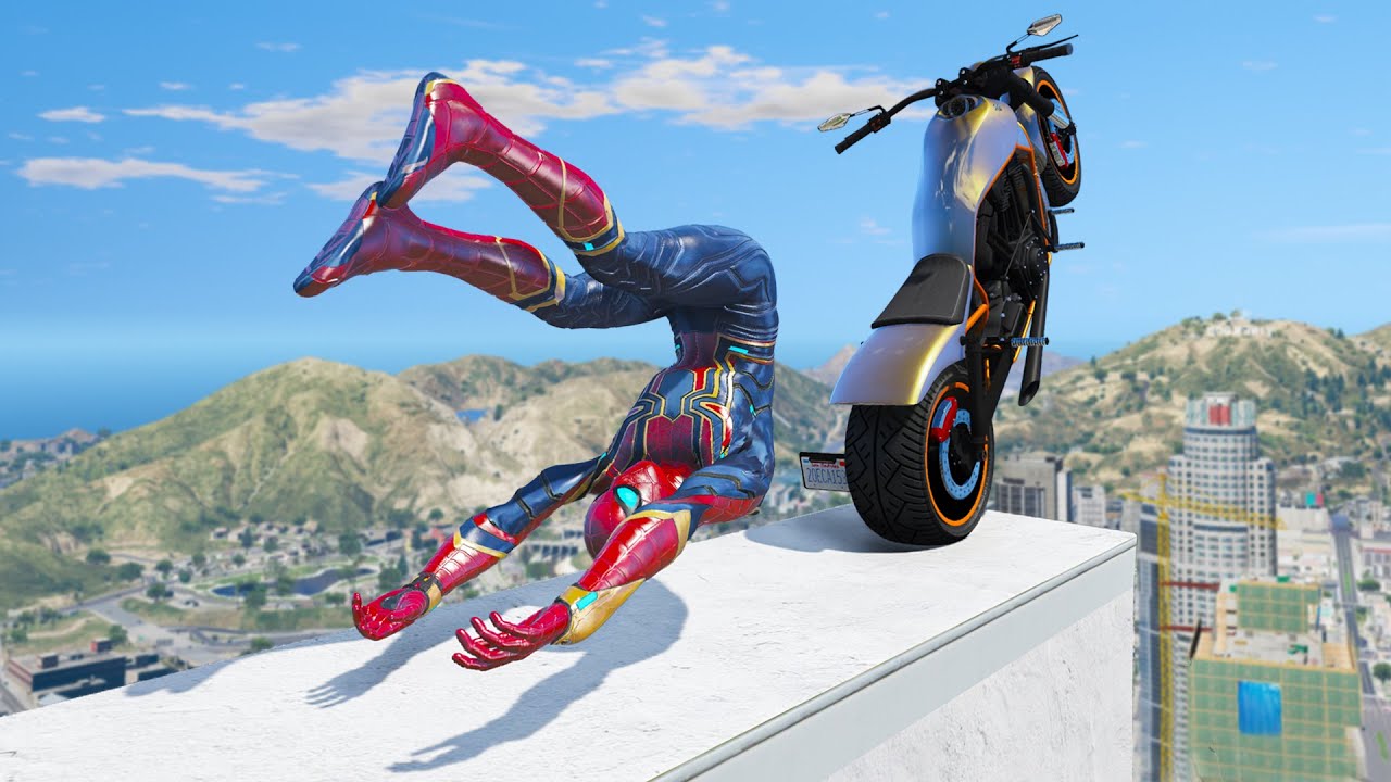 IRON SPIDERMAN CRAZY JUMPS/FALLS #1 (GTA 5 Spider-Man Epic Bike Stunt Fails)