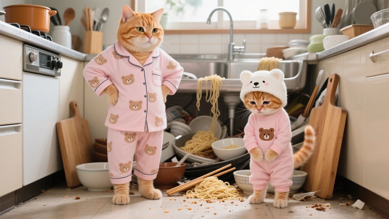 Mama Cat helpless with the messy kitchen after Ginger Kitten finished cooking 🐾 | Funny Cat Videos
