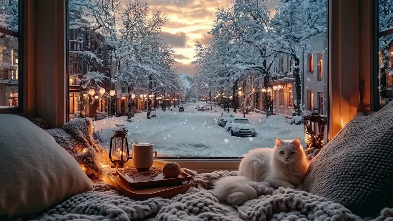 Warm Piano & Cat Room 🐾🎹 | Snow Outside Window for 3 Hours | Sleep Study Meditation Relax Calm