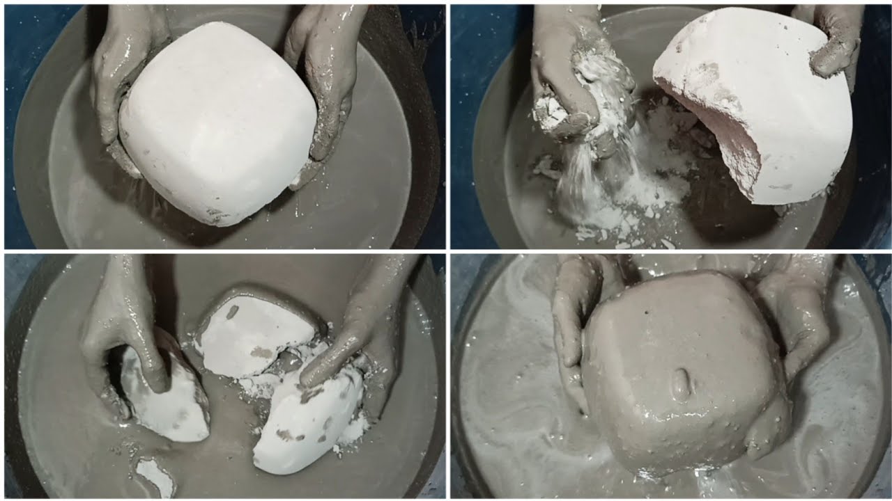 Soft Dusty Pure Cement Dry Crumbling on Paste+Dipping & Paste Mixing/Playing ASMR #1203