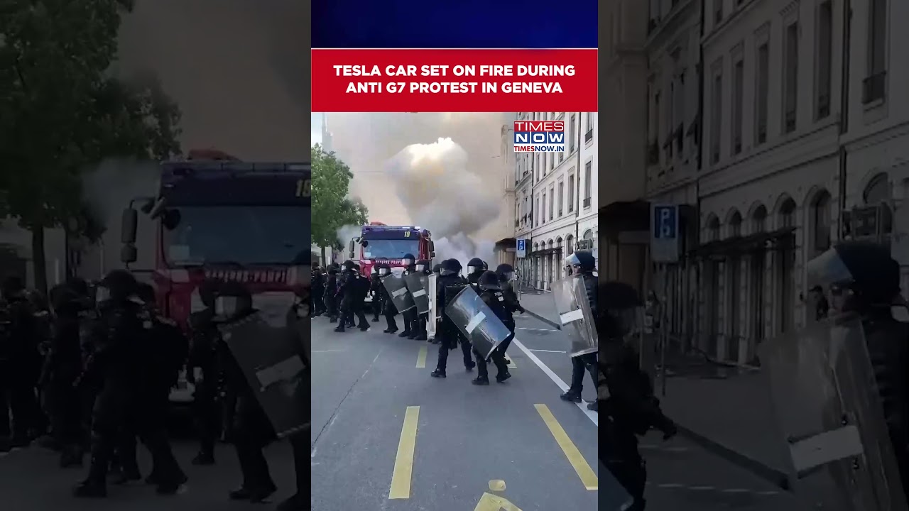 Geneva Protest: Tesla Car Set On Fire During Anti G7 Protest In Geneva | G7 Summit #shorts