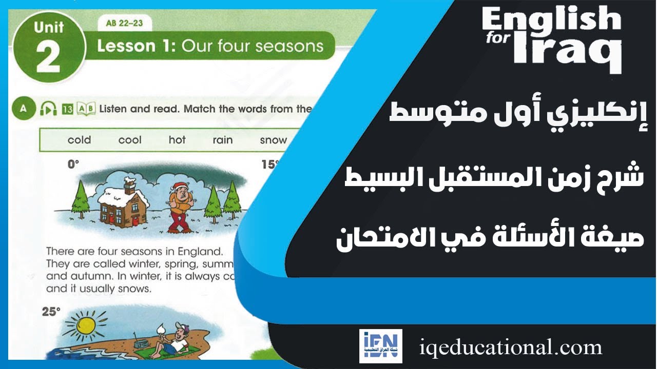 انكليزي اول متوسط يونت 2 ص 16المنهج الجديد الدرس 1 الفصول الاربعة - شرح زمن المستقبل البسيط