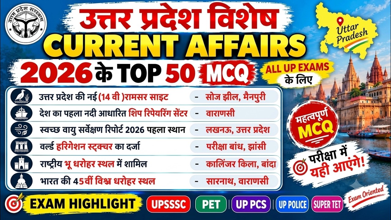 UP Current Affairs 2026 🔥 TOP 50 महत्वपूर्ण प्रश्न | UPSSSC, PET, UP Police, UPPCS, Super TET 