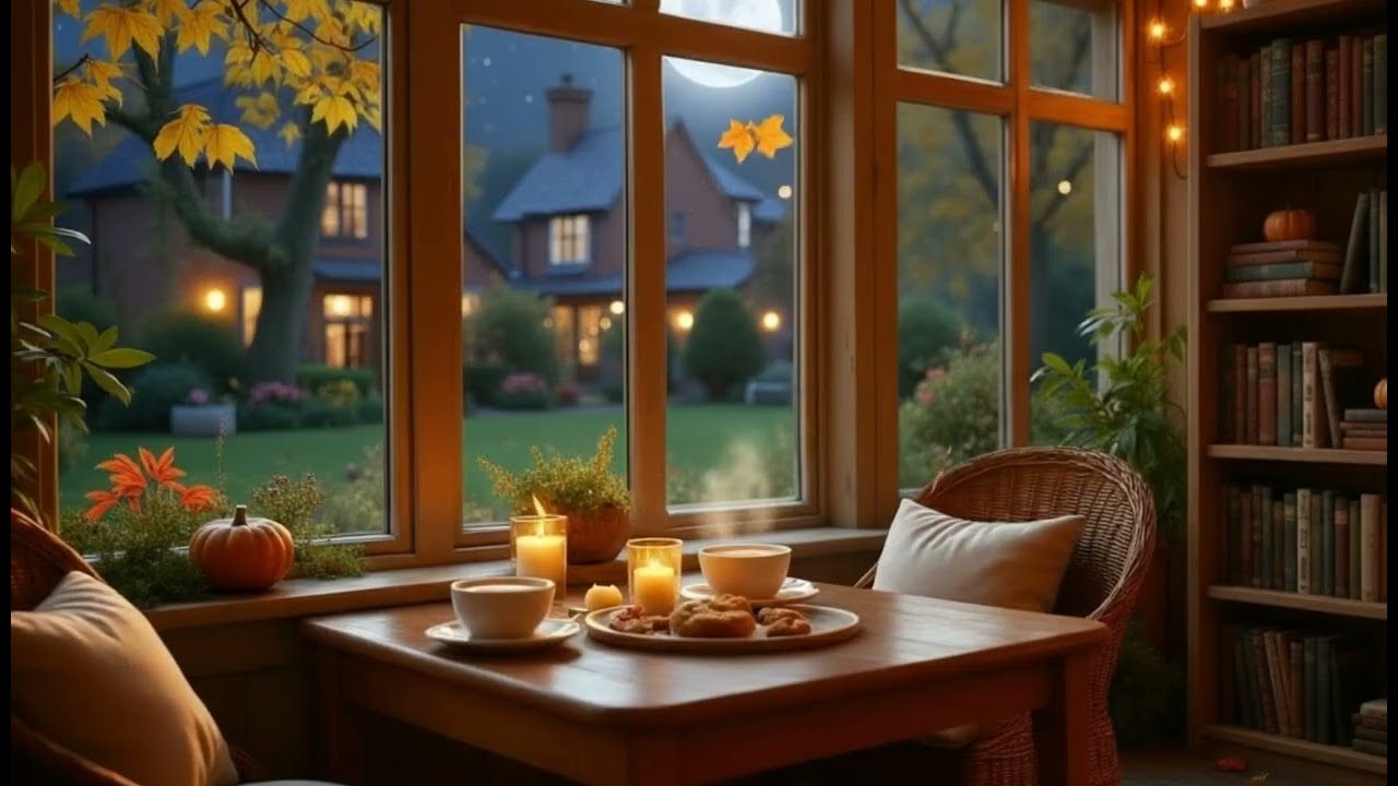 Autumn Jazz Ambience ☕ Cozy Coffee Shop Window, Fireplace & Relaxing Piano