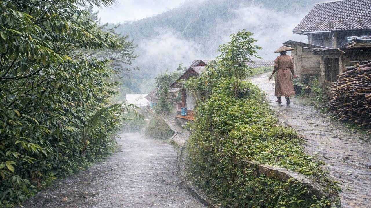 Walking in Heavy Rain in a Beautiful Remote Village in Indonesia | Rain Sounds for Instant Sleep
