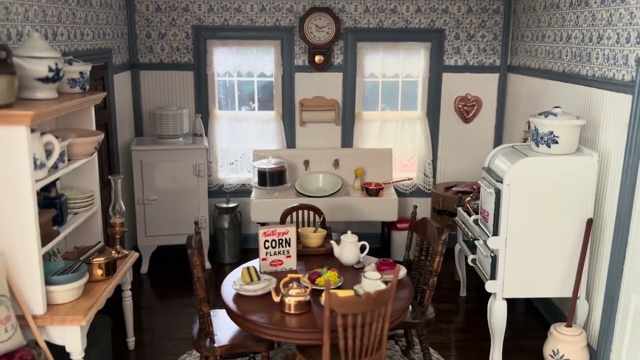 Blue Dollhouse Kitchen with Delft Blue Tile. 1920's Dollhouse Kitchen in Miniature!