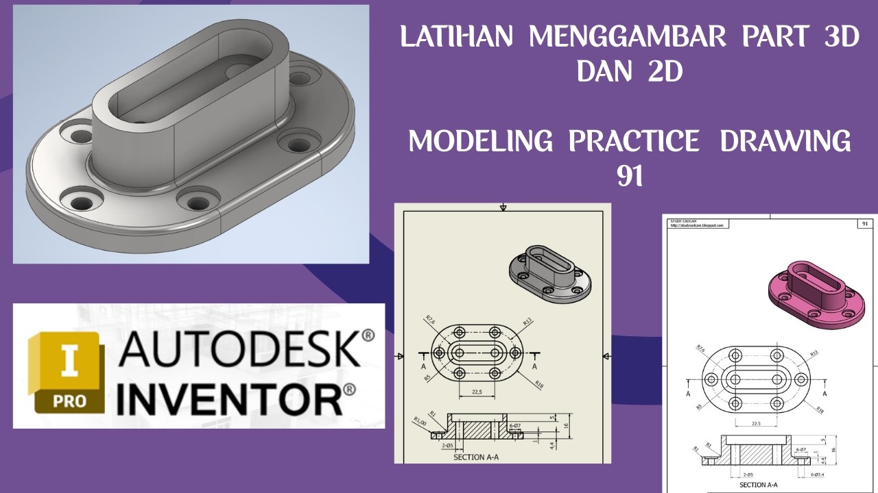latihan gambar Teknik Model Part Nomor 91 Menggunakan Autodesk Inventor