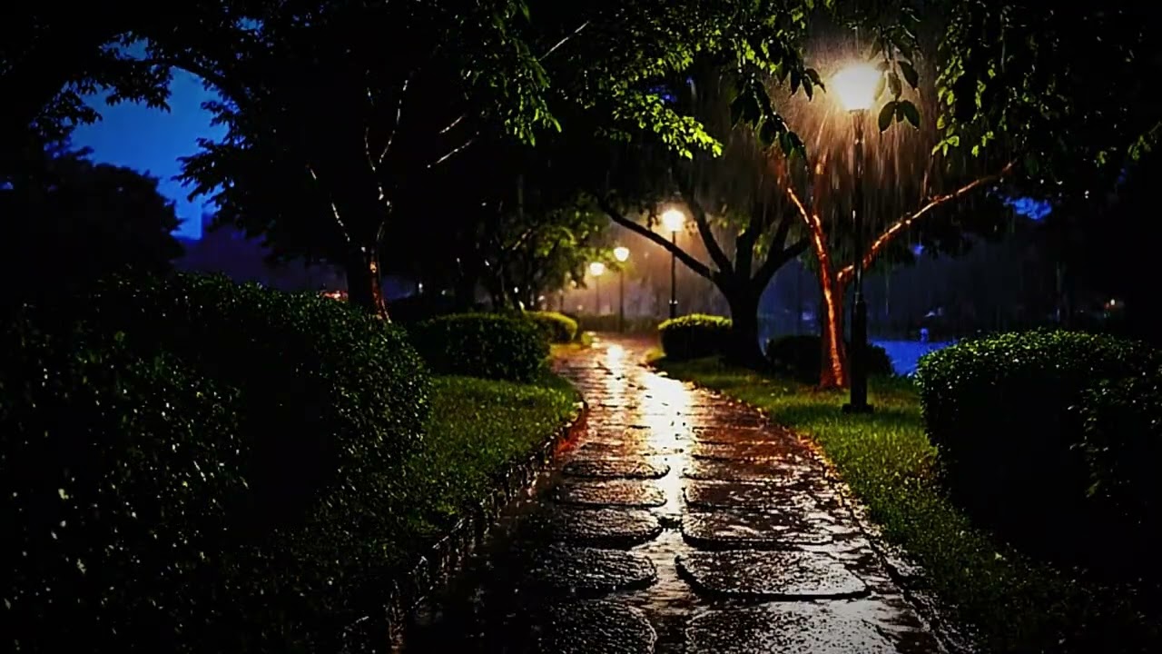 Relaxing Night Rain in a Lush Park Path , Soft Street Lamp Ambience for Sleep, Study & Stress Relie