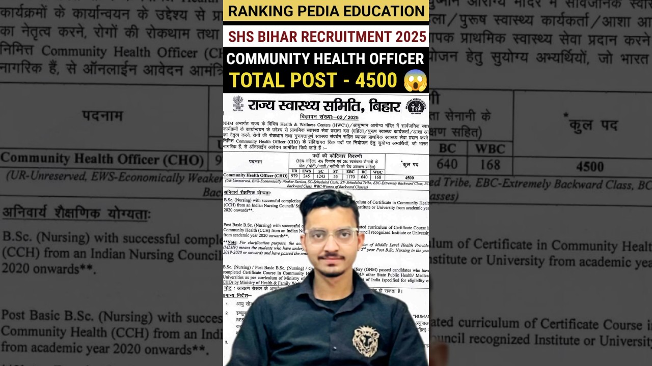 SHS Bihar Community Health Officer Recruitment 2025 | Bihar CHO Vacancy 2025 #shortsfeed #bihar #job