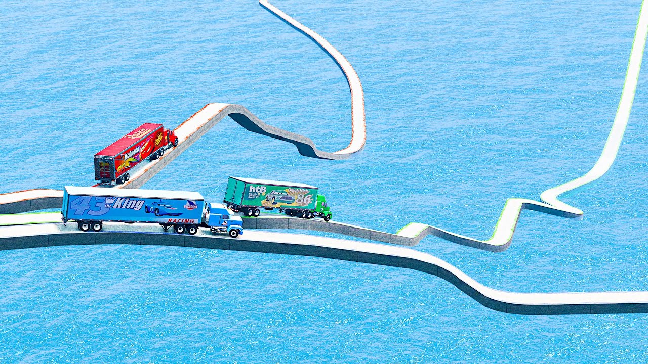 Mack truck vs Chick Hicks Truck vs Dinoco Truck vs Impossible Triple Wave Bridge - BeamNG.drive