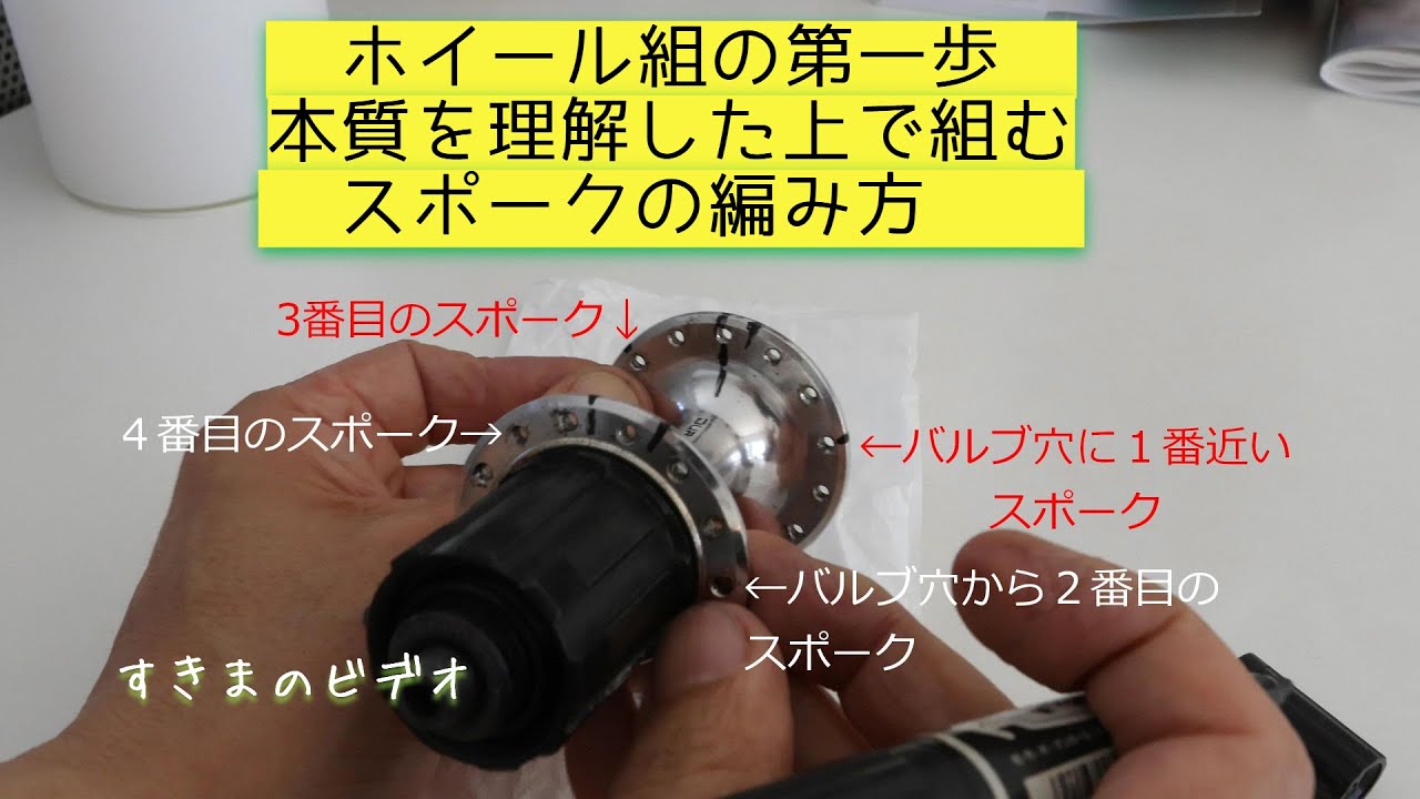 ちゃんと説明してる動画が無いので作りました。バルブ穴位置にピタリとハブのブランド刻印が来る方法です。最初の4本が決まればあとは順番に組むだけです。