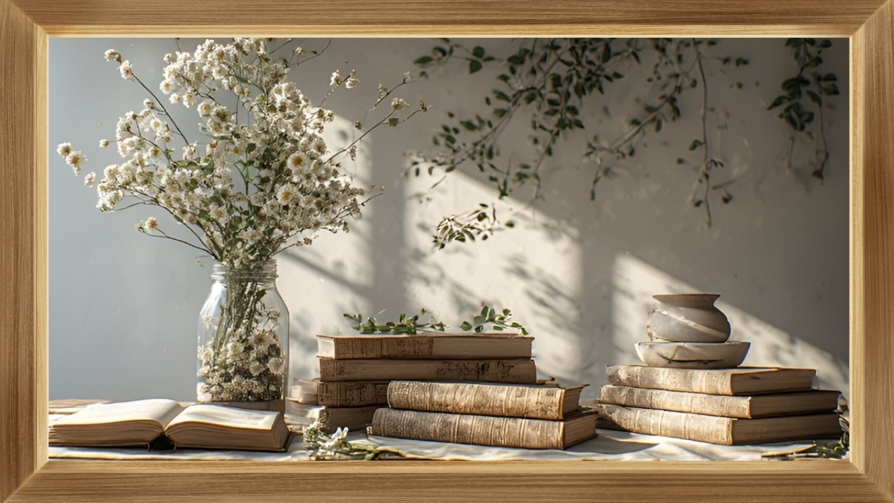 Arte para TV | Flores y libros en casa de campo 🌸📚 | Cuadro enmarcado (Loop)