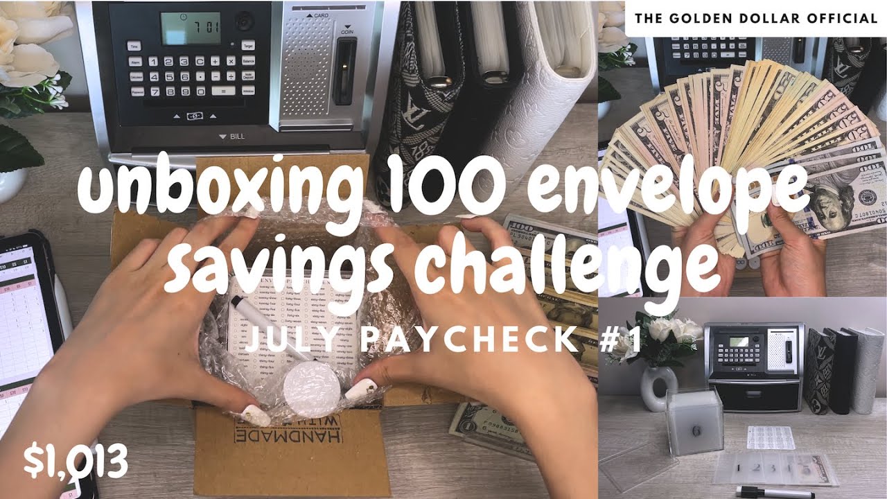 unboxing 100 envelope savings challenge | cash stuffing | july paycheck #1