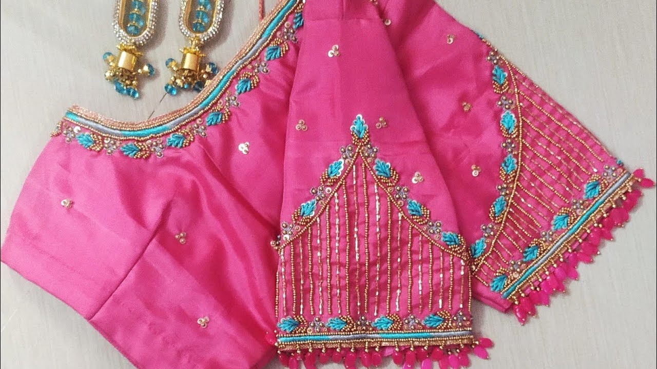 Long french knot aariwork blouse design/tablet bead sleeve hangings/cut tube sleeve design