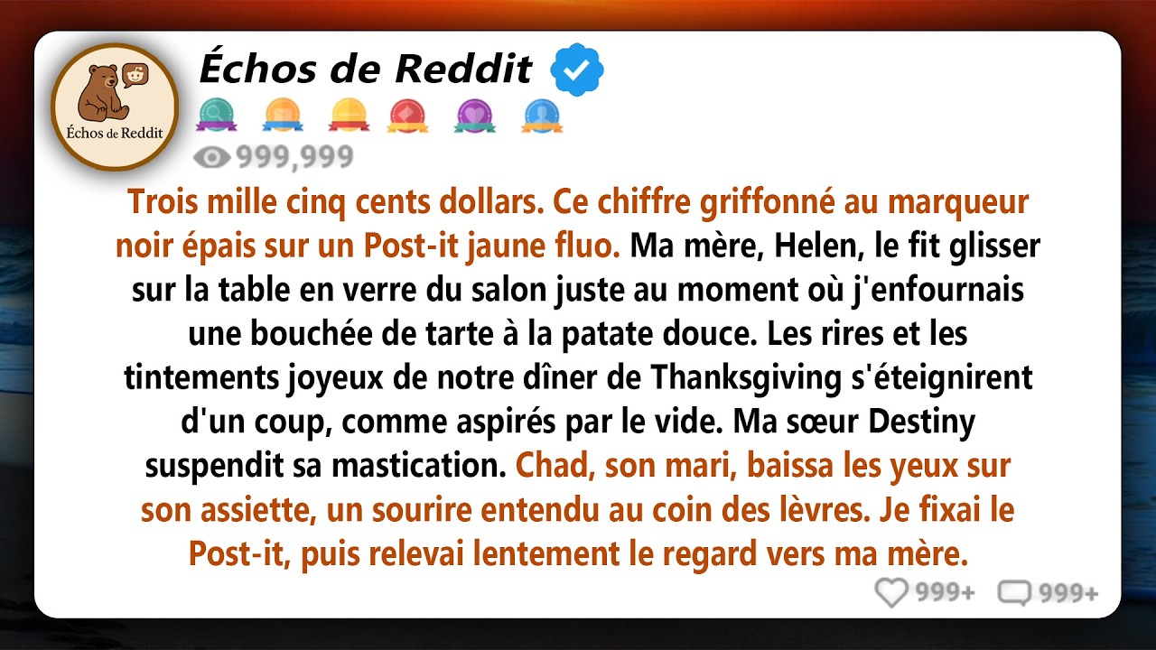 Ma mère a fait glisser un post-it sur la table à manger en verre juste au moment où je prenais une..