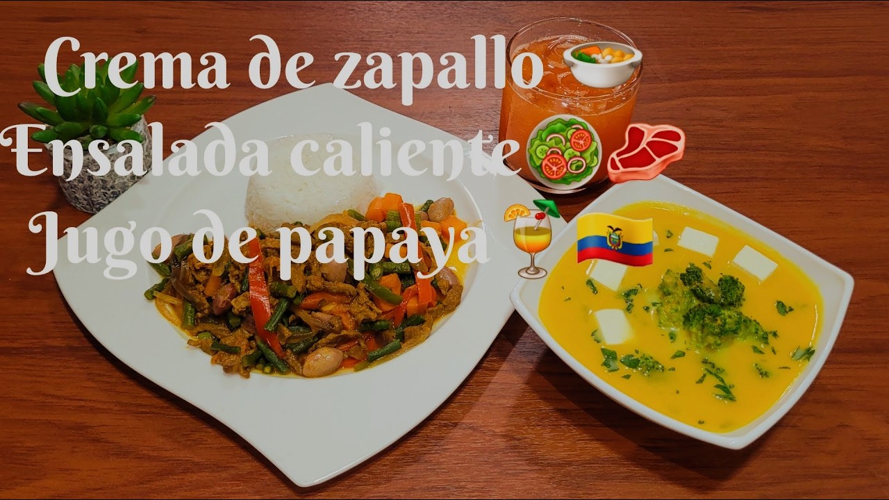 Almuerzo Completo CREMA DE ZAPALLO Y ENSALADA CALIENTE DE CARNE CON JUGO #comidaecuatoriana 