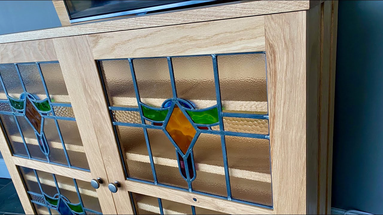 Remote Tv Lift - English Oak with Stained Glass doors