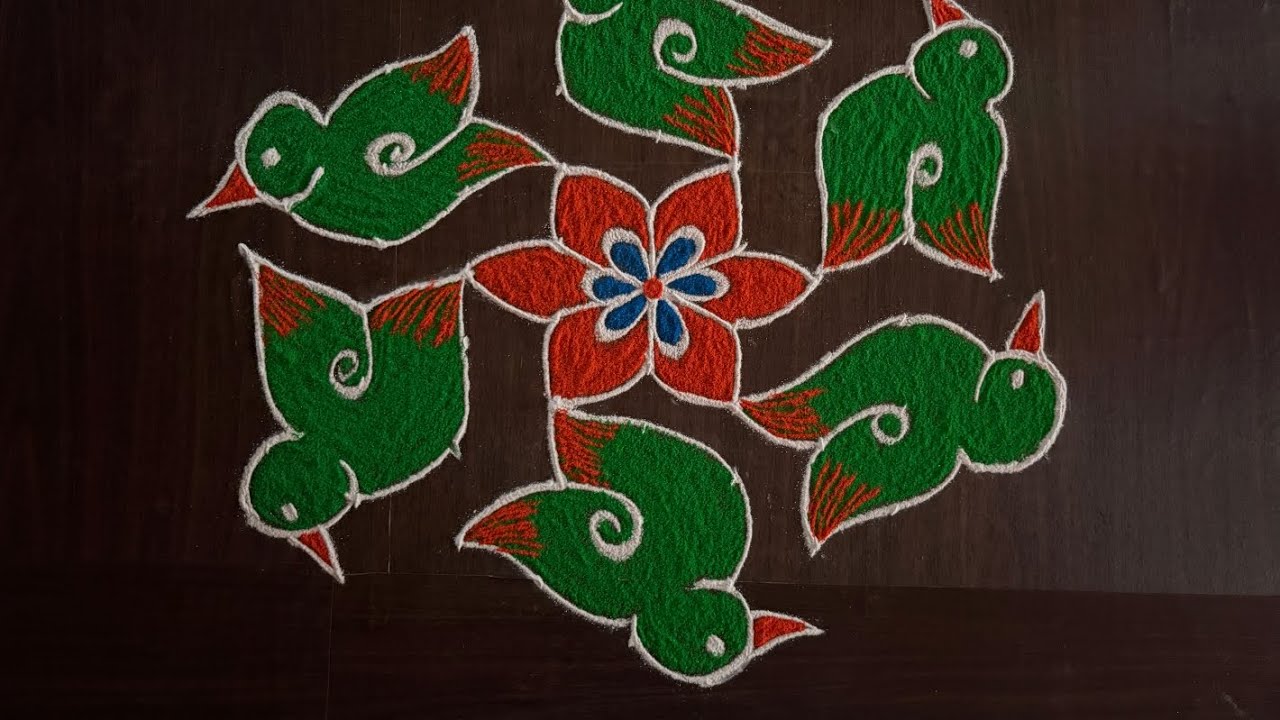 9*5 dots Beautiful birds rangoli for new year and sankranthi | easy rangoli 