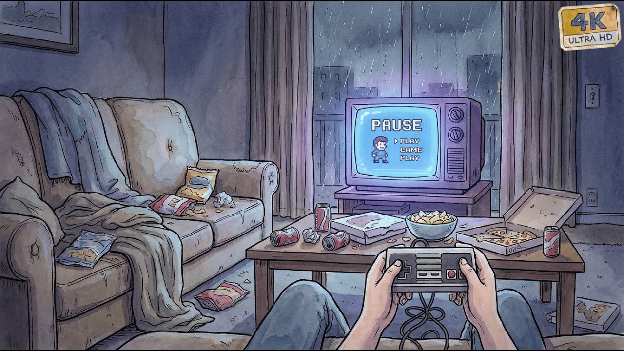 Cozy 90s Gaming Room Ambience 🌧️ Rain on Window & CRT TV Static