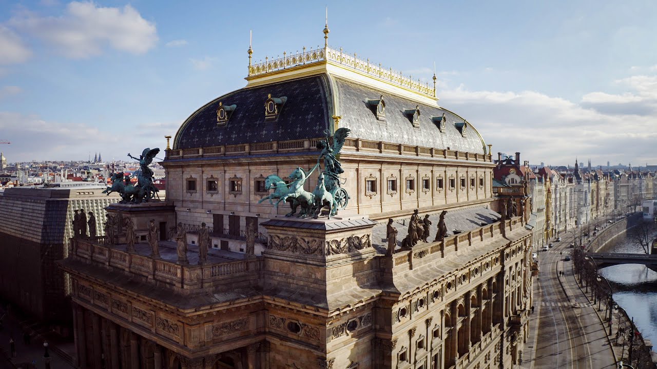 4K Drone Footage of Beautiful National Theatre in Prague