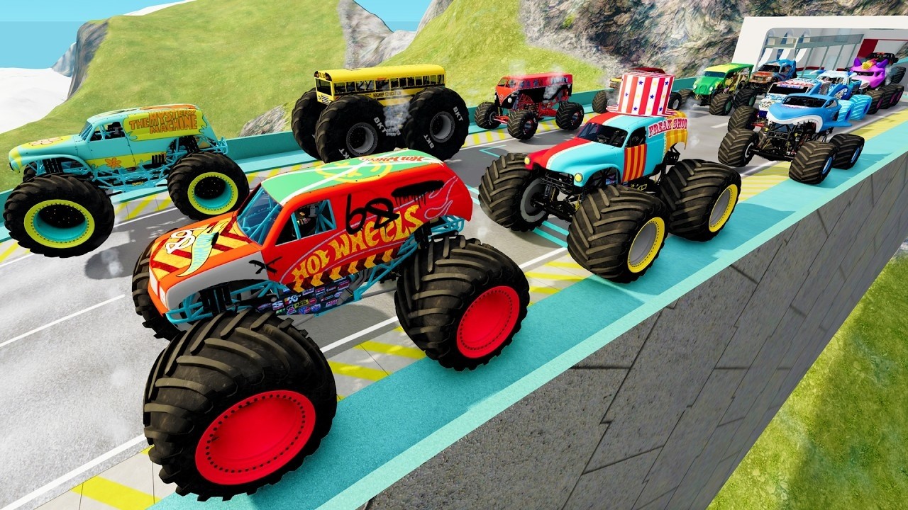 BIG Monster Trucks Backflips, Jumping and flying and Crashing BeamNG Random