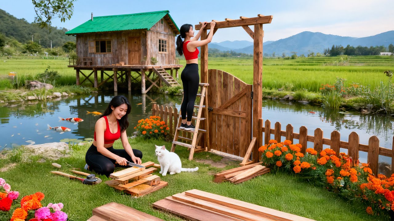 【木造建築DIY】木製キッチンの壁を作り、ドアと窓を取り付け、ログキャビンを建てる｜Build Wooden Kitchen Walls, Make Door and Window