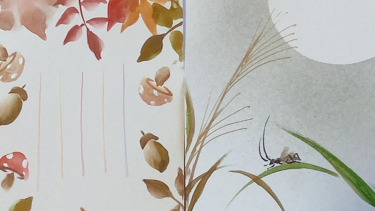 【9月〜秋の絵、鈴虫、紅葉　葛の絵】秋のハガキ絵　ほのぼの一筆画35😘2021