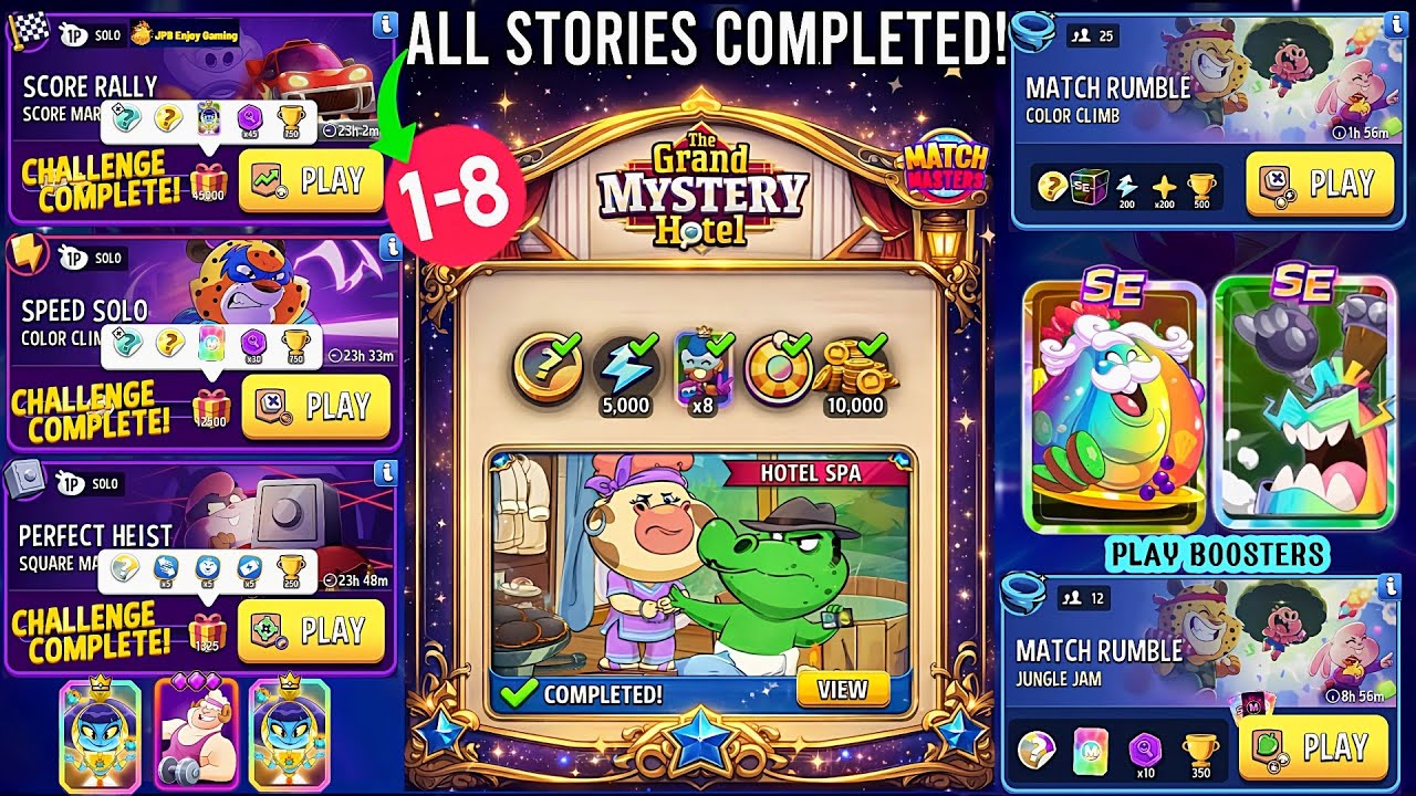 8 ALL Stories Complete/(3 Solo+2 Rumble) Score Market/ Color Climb/ Square Matches/ Jungle Jam 
