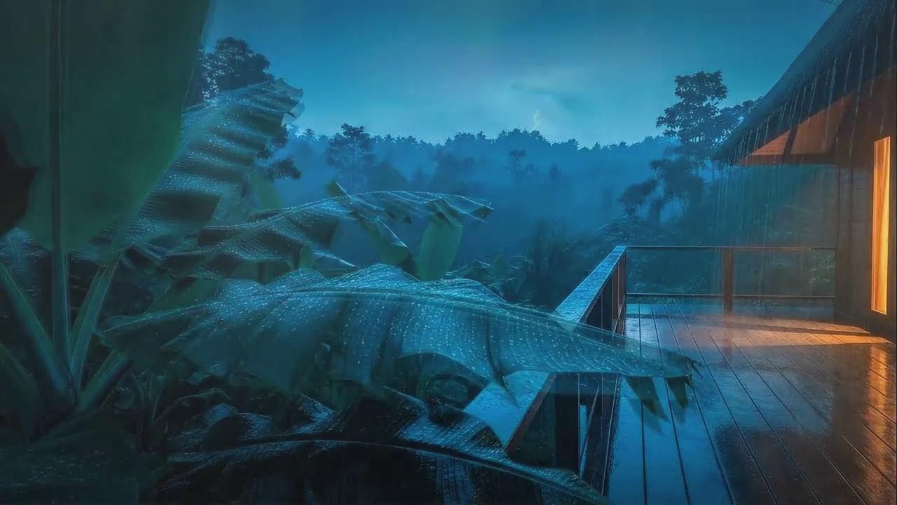 Instant Sleep with Calm Rainfall and Soft Thunder Echo at Wooden Cabin Terrace 🌧️