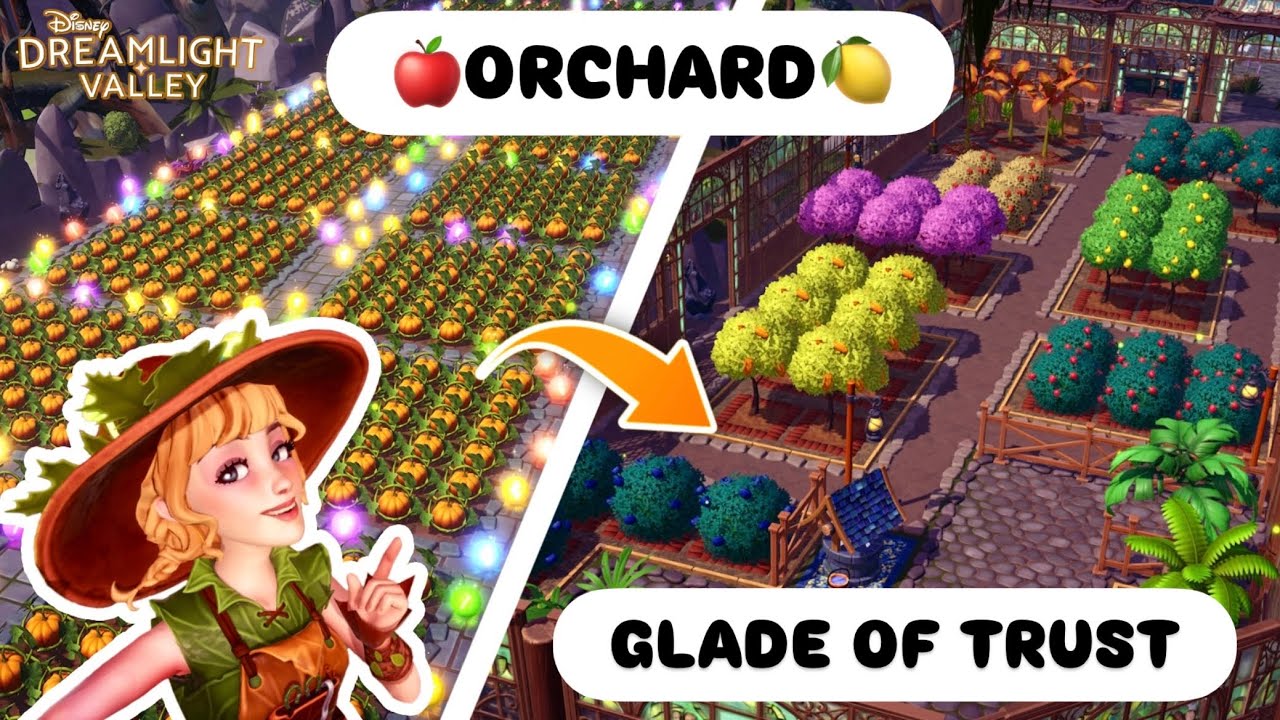 DECORATING THE GLADE OF TRUST. ORCHARD SPACE. DISNEY DREAMLIGHT VALLEY. BIOME DECOR IDEAS