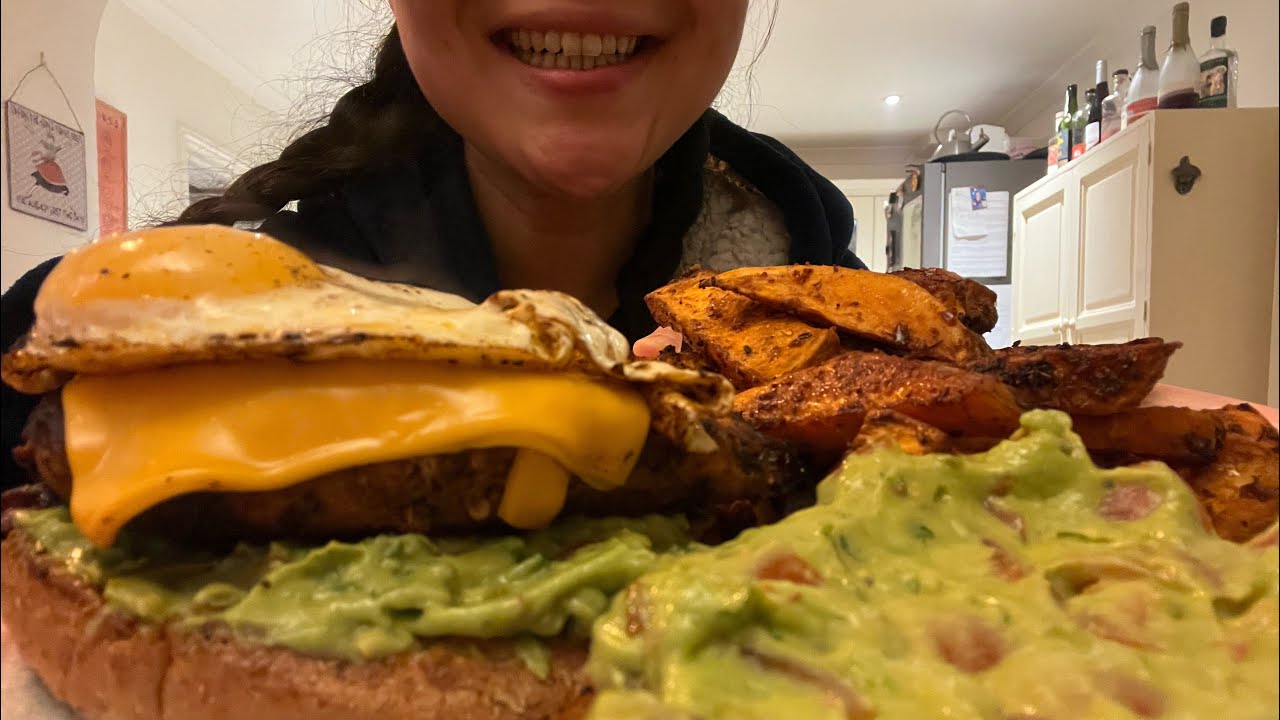ASMR MUKBANG CHICKEN AND AVOCADO BURGER WITH SWEET POTATO FRIES