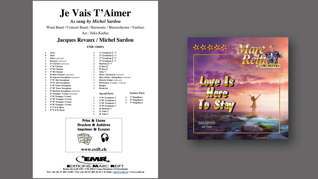 Editions Marc Reift –  Jacques Revaux/Michel Sardou: Je Vais T'Aimer - for Concert Band
