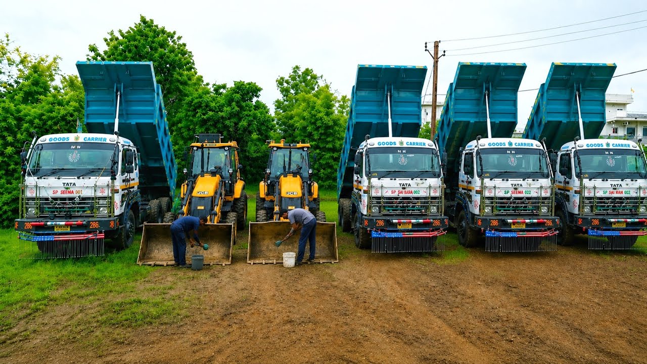 New 🟡 Yellow Color JCB3Dx Backhoe Machine Loading Mud in 5 TATA TRUCK 🚚 & Swaraj 855 Tractor Trolley