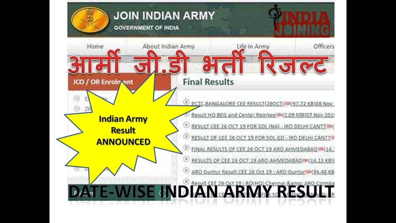 Indian Army Result 2023 Written Exam CEE, Clerk, Tradesmen, NA, Tech, Havildar, RRT, Army GD Result.