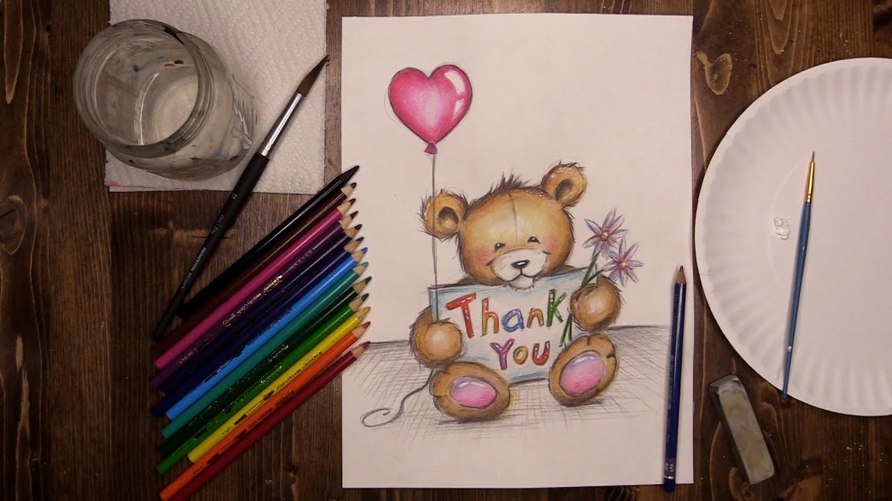 Watercolor pencil thank you bear - Virtual McArt
