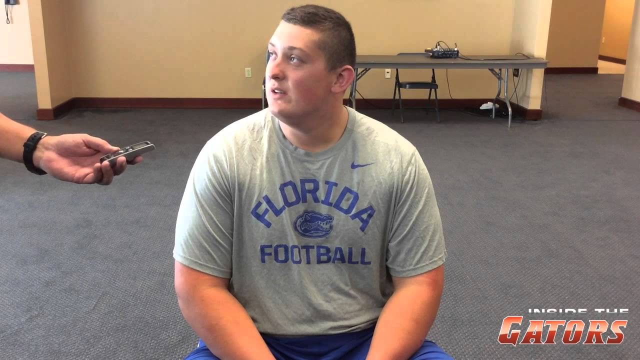 Florida Gators center Cameron Dillard speaks with the media