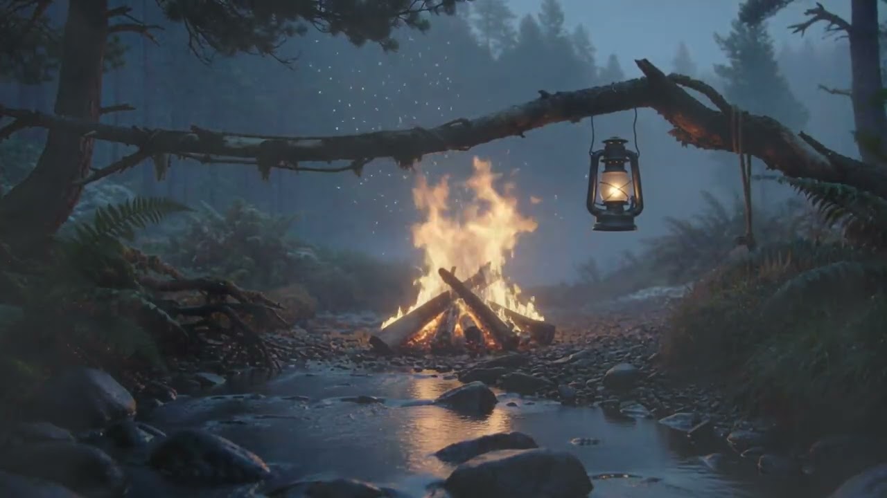 Silent Winter Forest | Campfire Crackling & Water Sounds Winter Ambience for Sleep | Lonely Campfire