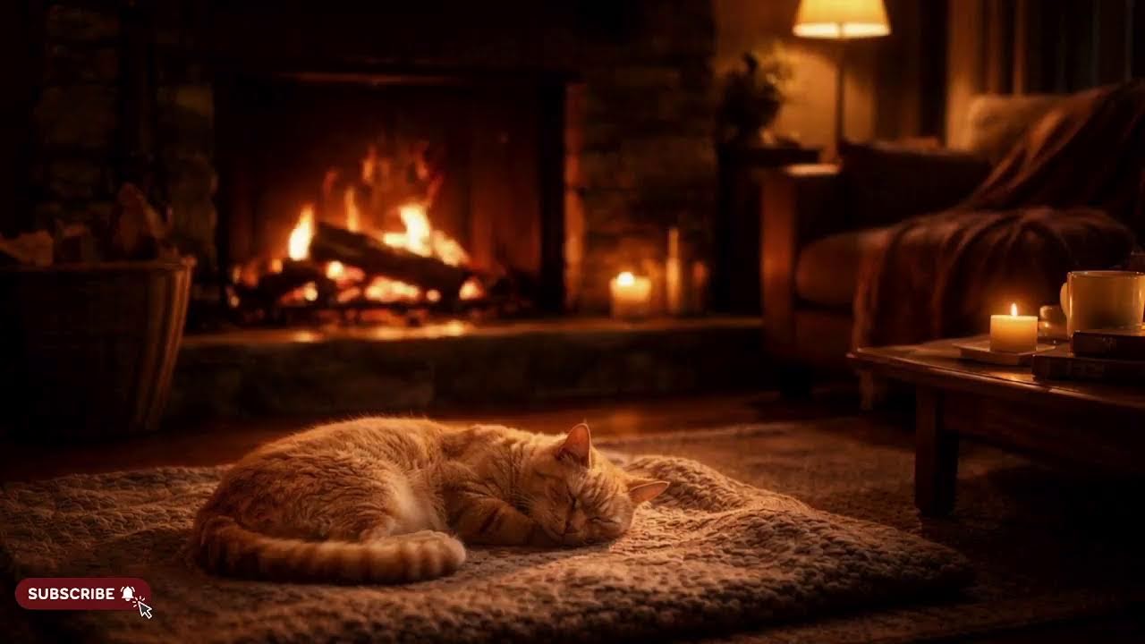 Ginger Cat Sleeping by the Fireplace 🐾🔥 Cozy Purring Sounds for Deep Sleep