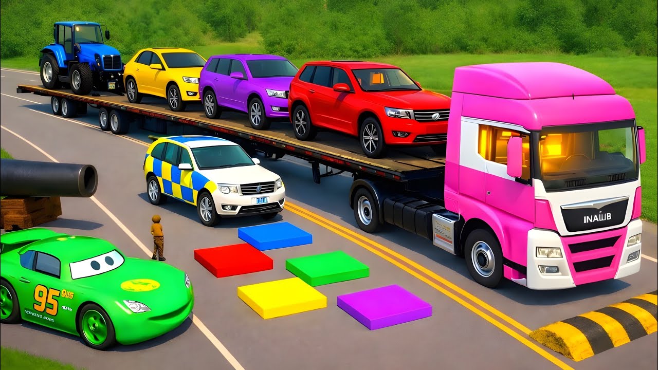 Double Flatbed Truck  / Big & Small / MCQUEEN vs 12Car #136 / BeamNG Gao Drive