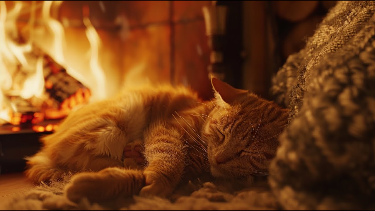 Sleeping Ginger Cat by Fireplace | No Music • Deep Brown Noise • 10 Hours