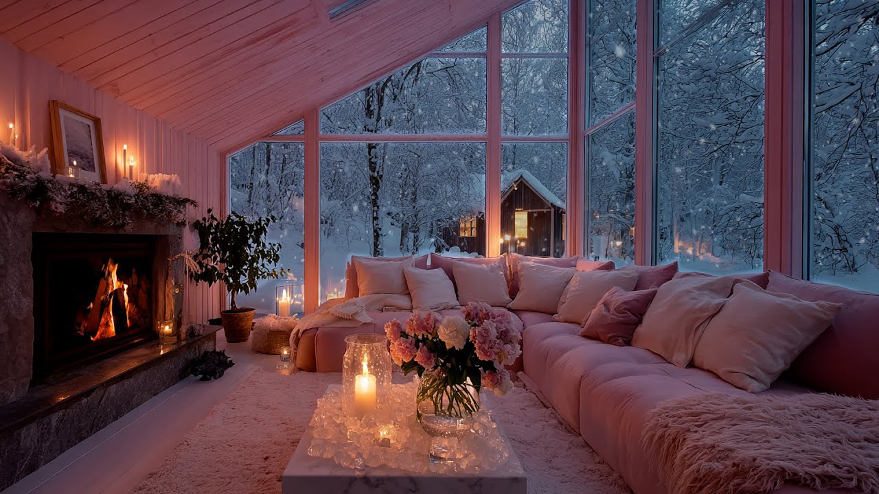 ❄️🎹 Peaceful Pink House Piano | Cozy Fireplace & Snow 3 Hours | Relax Study Work Meditation 🌸