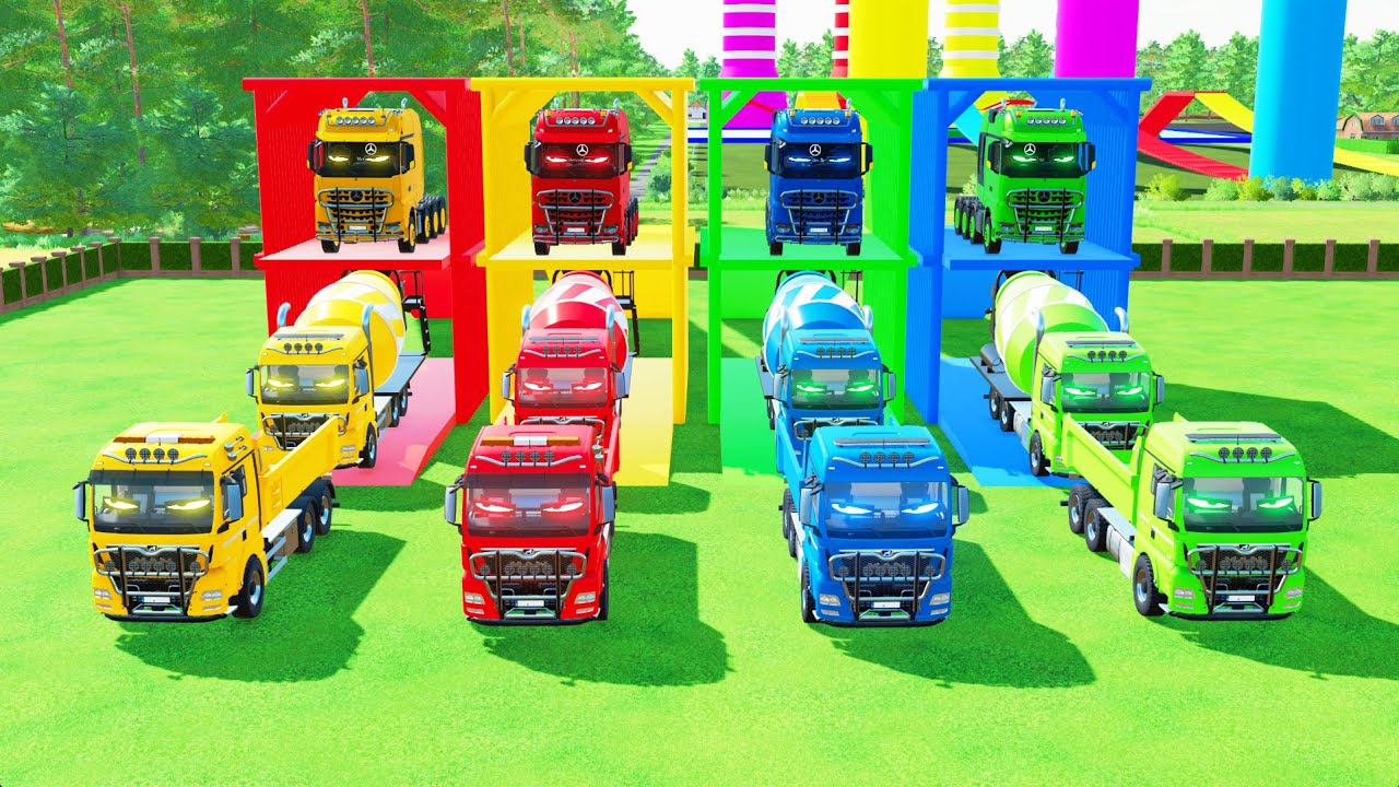 Garage with Colors - TRANSPORTING ALL MIXER TRUCK WITH DOUBLE FLATBED TRAILER TRUCK IVECO, SCANIA