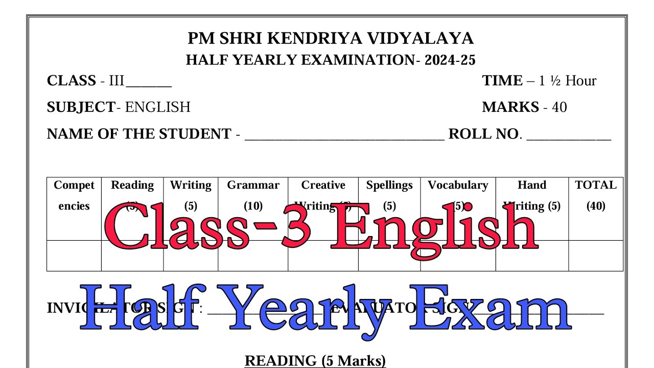Class-3 English Half Yearly Exam Question Paper / Term-1 Session 2024-25 /PM Shri Kendriya Vidyalaya
