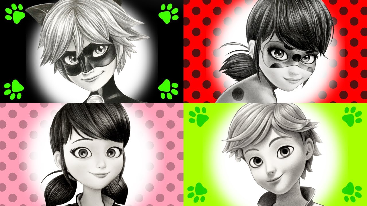 Drawing Miraculous🐞Catnoir, Ladybug, Marinette and Adrien with pencil sketch