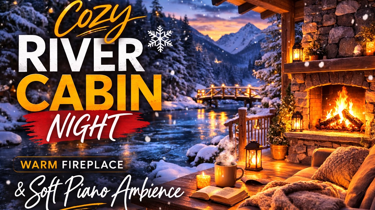 Cozy River Cabin Night ❄️ Warm Fireplace & Soft Piano Ambience