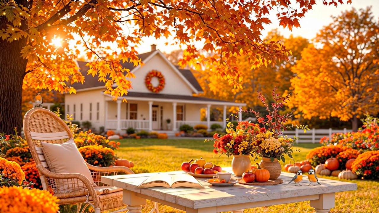 Autumn Porch Ambience 🍂🏡 Cozy Farmhouse with Pumpkins, Coffee & Reading in Countryside Fall Ambience