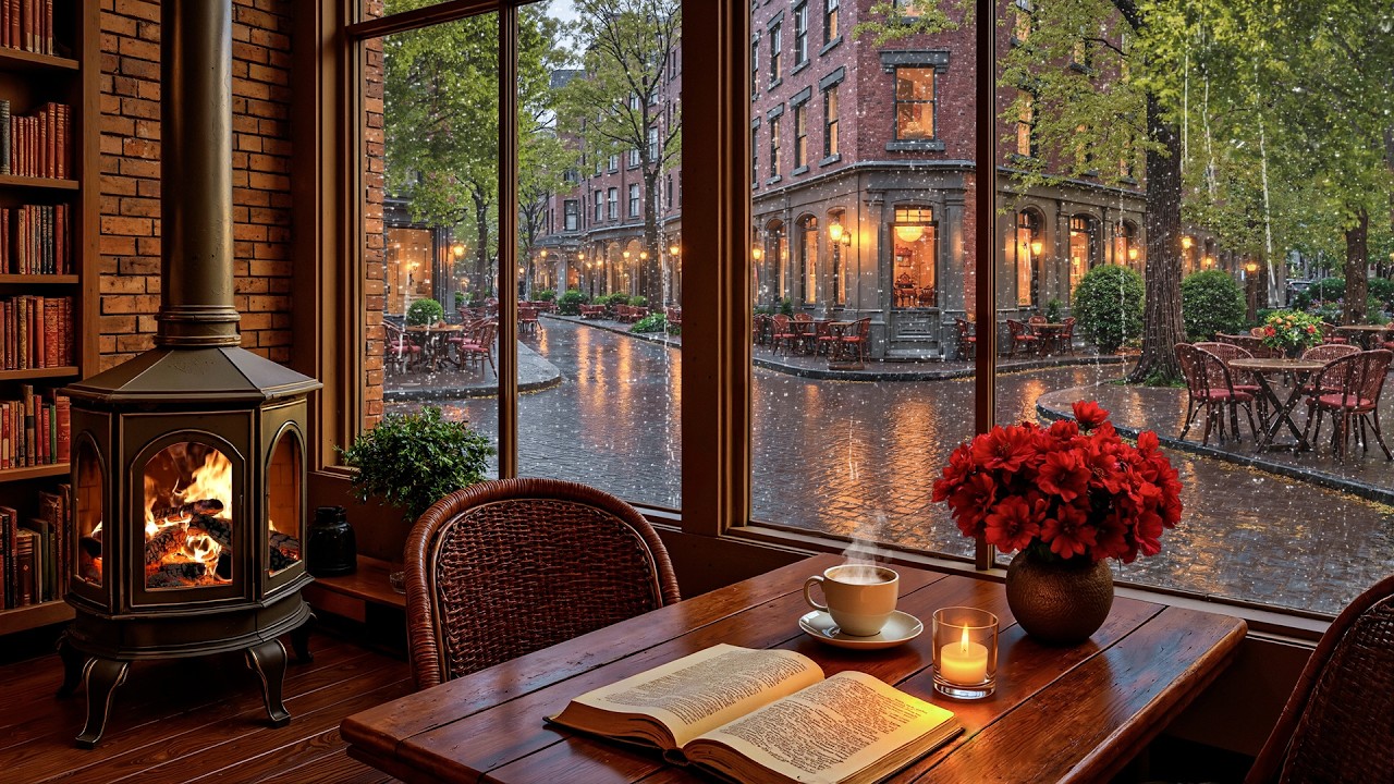 Cozy Coffee Shop Ambience ☕ Relaxing Spring Rain, Soft Jazz Piano |Fireplace Sounds for Work & Focus